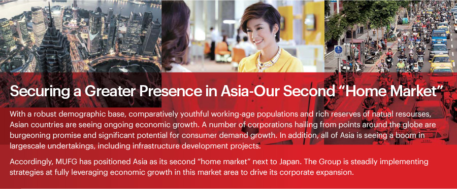 Securing a Greater Presence in Asia-Our Second ”Home Market”
With a robust demographic base, comparatively youthful working-age populations and rich reserves of natural resources, Asian countries are seeing ongoing economic growth. A number of corporations hailing from points around the globe are expanding into these countries, seeking not only to establish production bases but to secure market footholds in light of their burgeoning promise and significant potential for consumer demand growth. In addition, all of Asia is seeing a boom in large-scale undertakings, including infrastructure development projects. Accordingly, MUFG has positioned Asia as its second “home market” next to Japan. The Group is steadily implementing strategies aimed at fully leveraging economic growth in this market area to drive its corporate expansion.